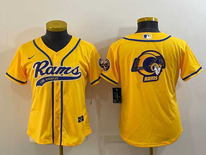 Women%27s Los Angeles Rams Yellow Team Big Logo With Patch Cool Base Stitched Baseball Jersey